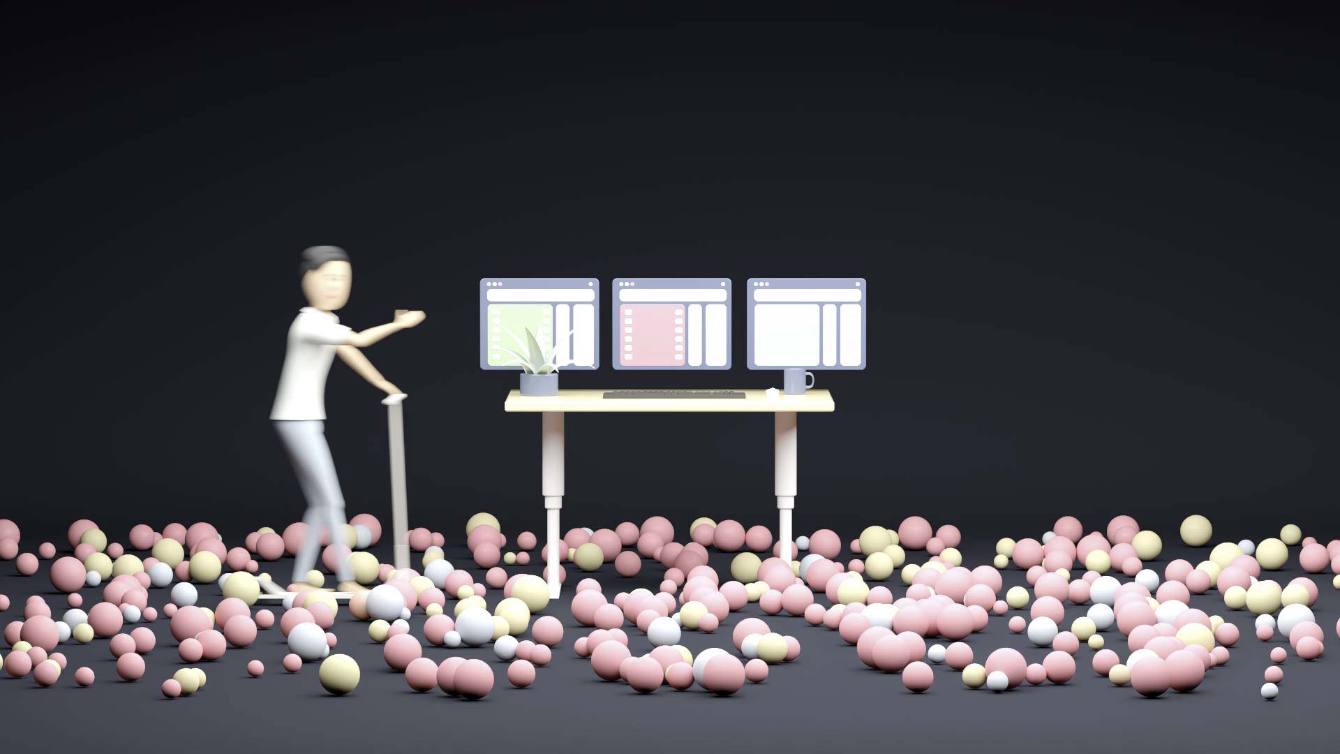 A co-worker enters the workspace represented by a height-adjustable desktop. The co-worker uses an e-scooter. In the room, there are numerous rolling balls representing itesign-developed apps.